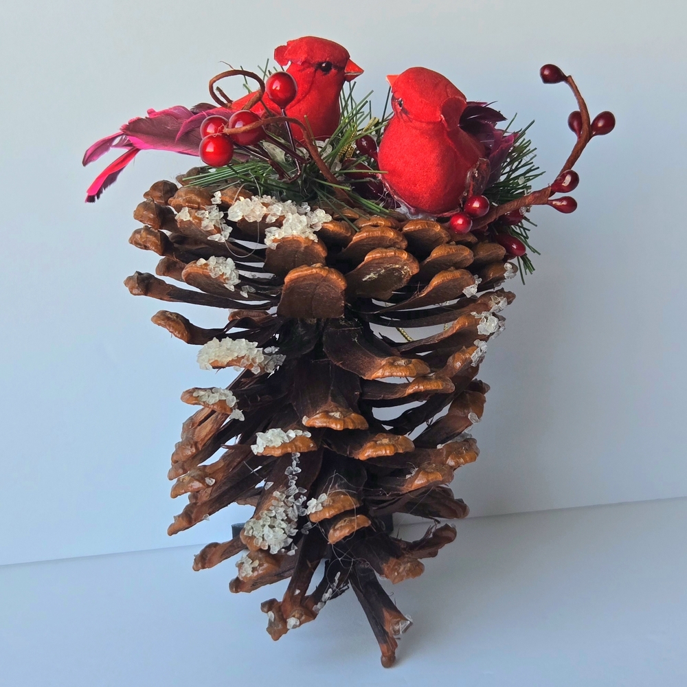 VTG Handcrafted Pinecone Christmas Ornament w Red Cardinal Pair/Berries/Snow